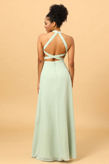 En Line Halter Dusty Sage Long Bridesmaid Dress med öppen rygg